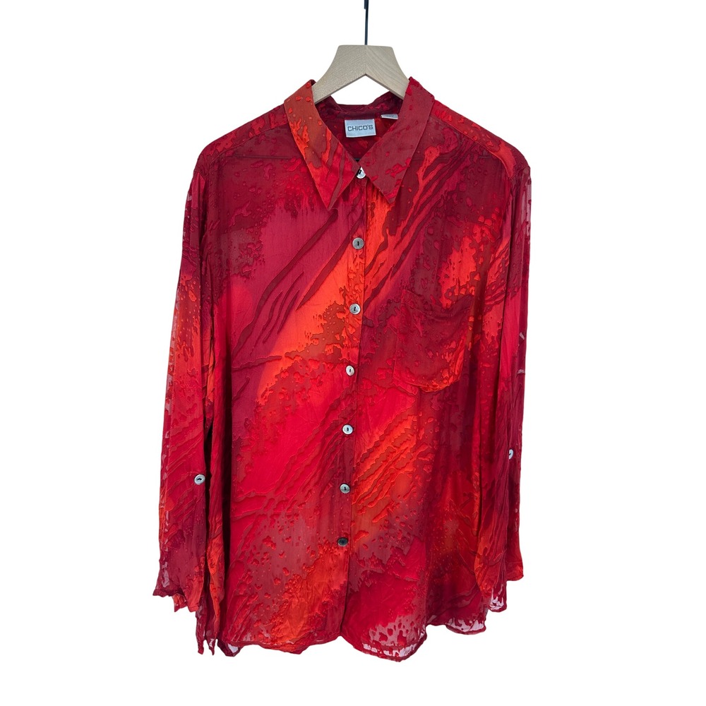Chico's Burnout Silk Blend Button Down Shirt Womens 3 XL Red Orange Sheer Artsy
